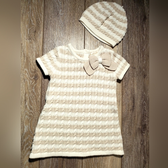 Baby's tan & white striped capped sleeve sweater dress, hat and cardigan 6-9M - Picture 1 of 16